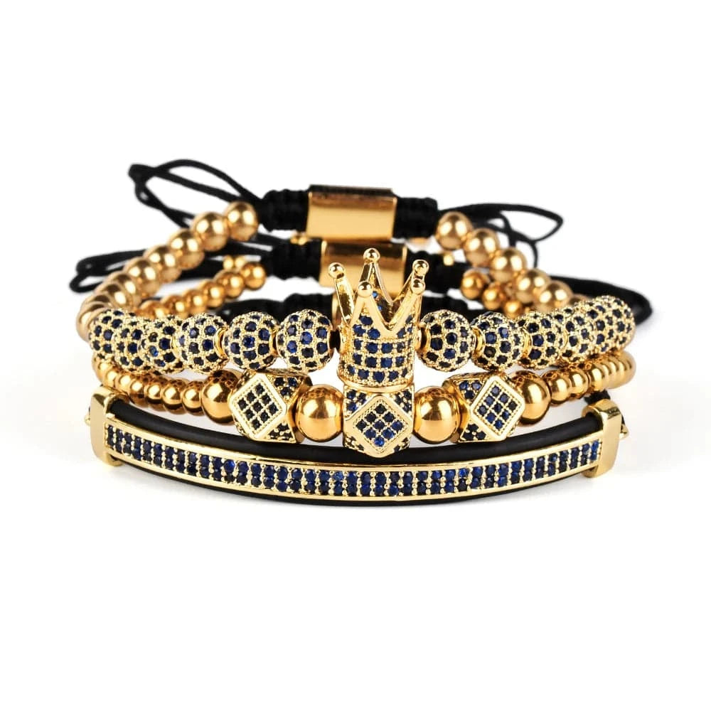 F274 Bangles Sets Gold Crown Men For Cz Copper Bead Charm Bracelet Custom Mens Blue Zircon Handmade Jewelry Bracelets
