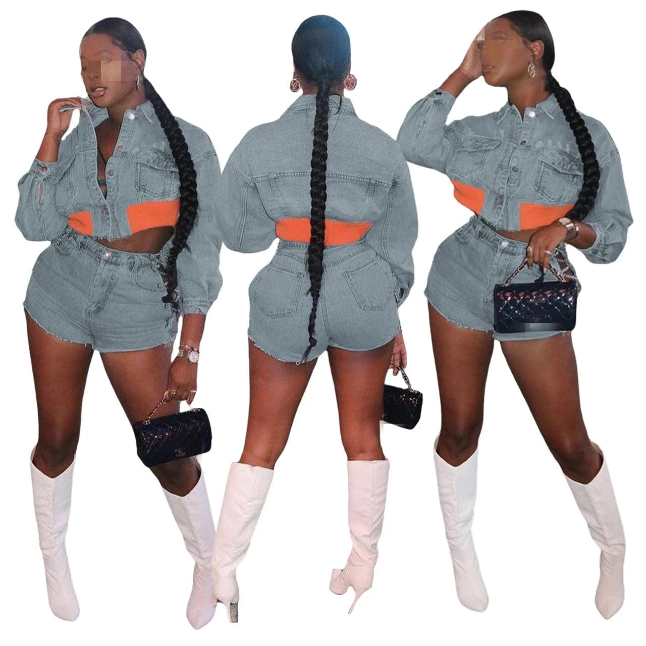 F88520 New Arrivals Fall 2024 Winter Lounge Wear Denim Jeans Jackets Coats Two Piece Shorts Set