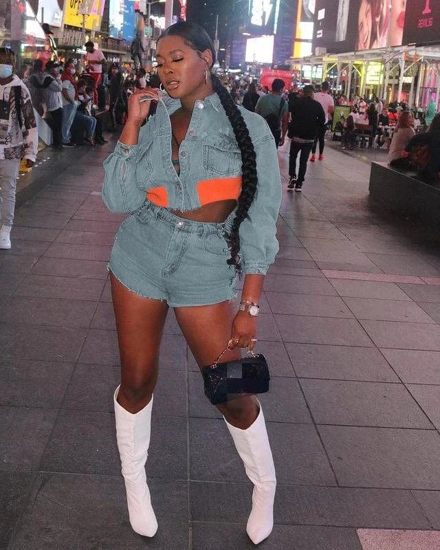 F88520 New Arrivals Fall 2024 Winter Lounge Wear Denim Jeans Jackets Coats Two Piece Shorts Set