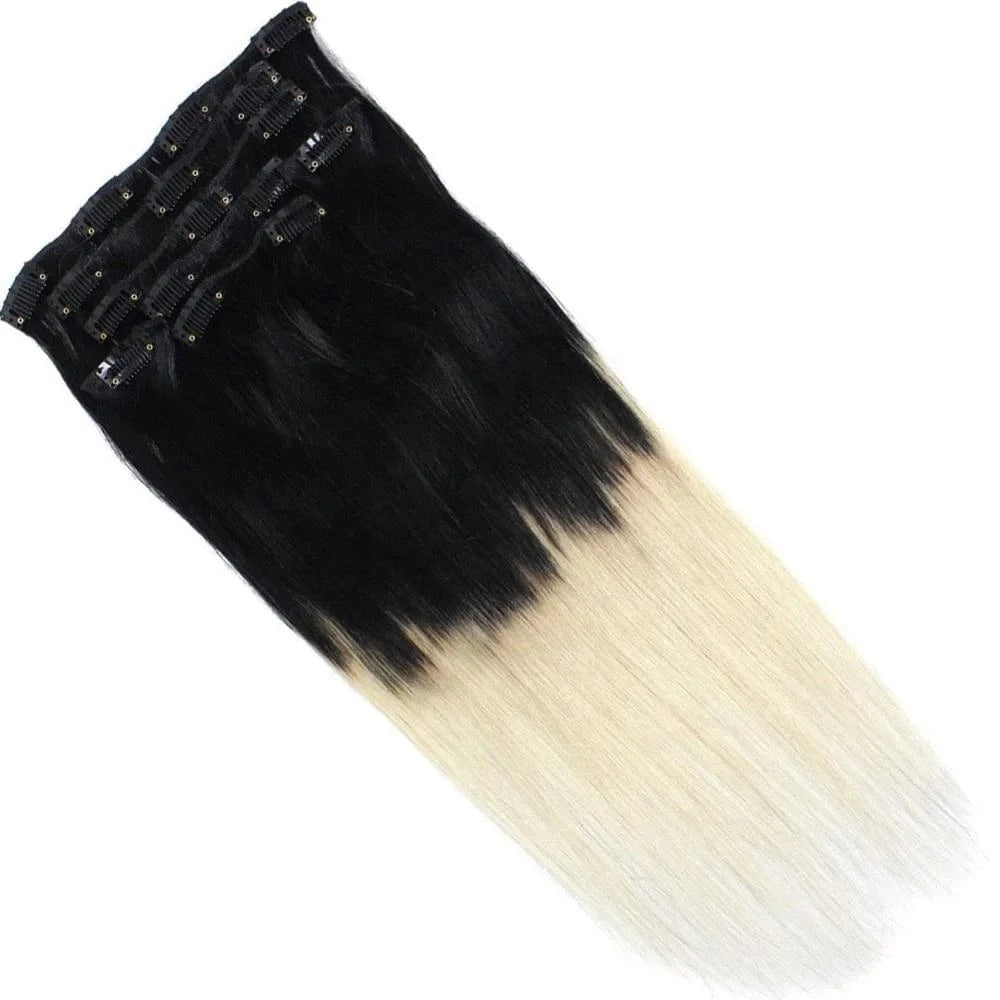 Factory 15-22"7PCS 70g Clip In Real Remy Human Hair Extensions Full Head Ombre Straight Jet Black  cutical aligned hair