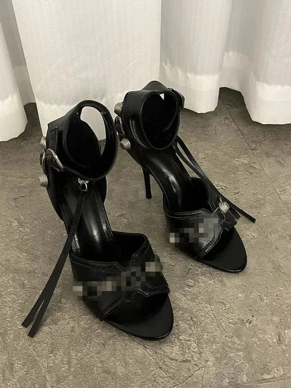 Factory custom summer lady designer pu leather heeled sandals high heels shoes for women