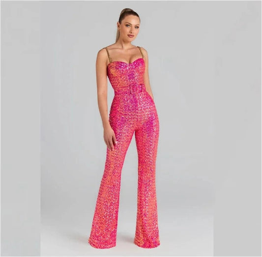 Factory Direct Sales Formal Sexy Sequin Jumpsuit Women Elegant Playsuit Rompers Jumpsuits with Belt