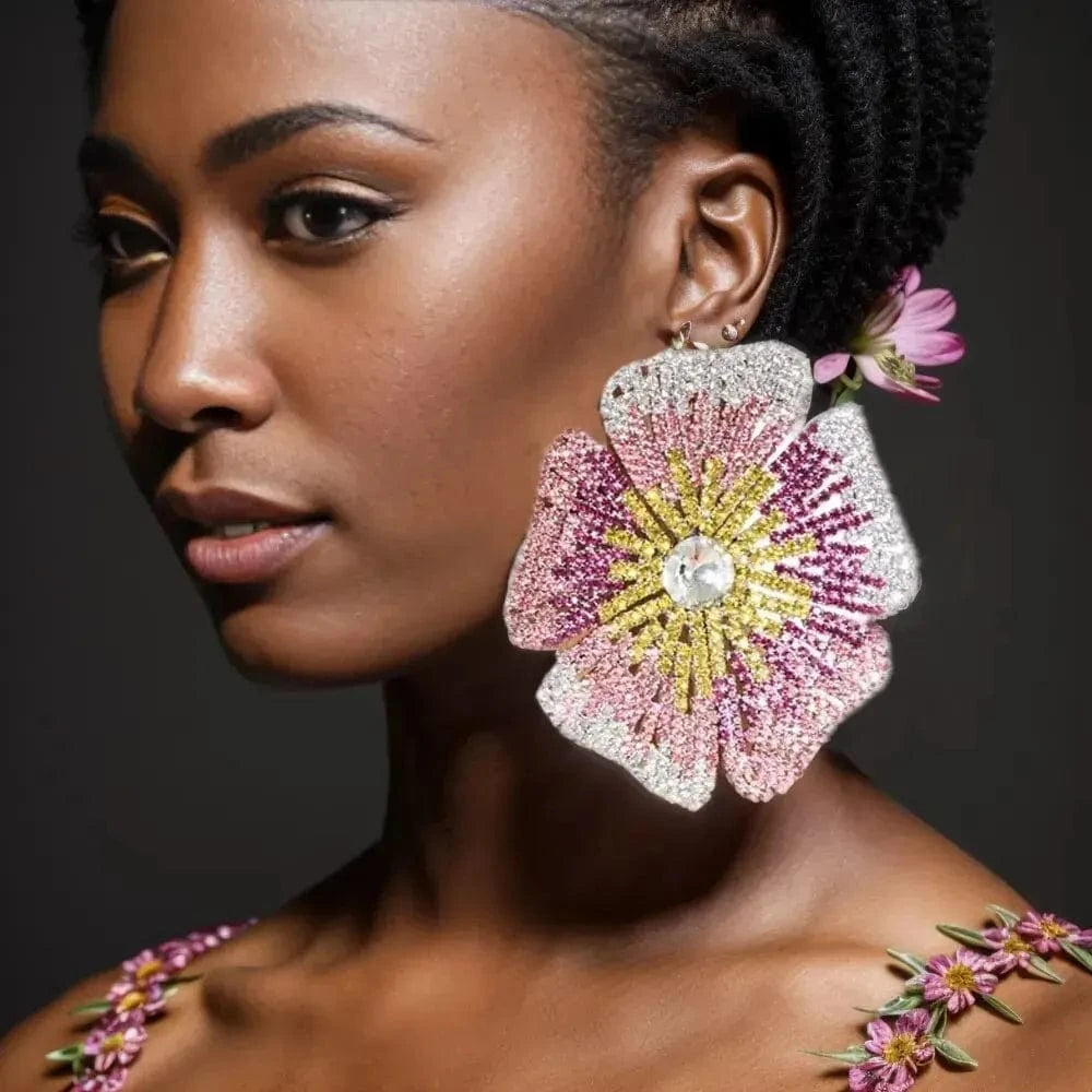 Factory Exaggerated Big Flower Earrings Statement Colorful Customize Wedding Stone Luxury Behind The Ear Jewelry