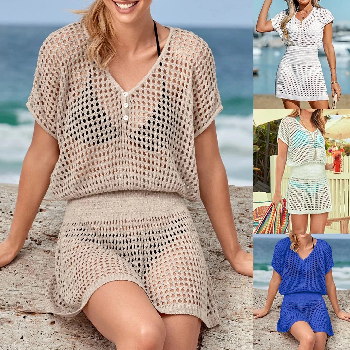 Factory Hollow Out Knitted Bikini Swim Sexy V neck Short Sleeve Beach Tunic Mini Dress Cover Up For Women 2024 Summer Beachwear