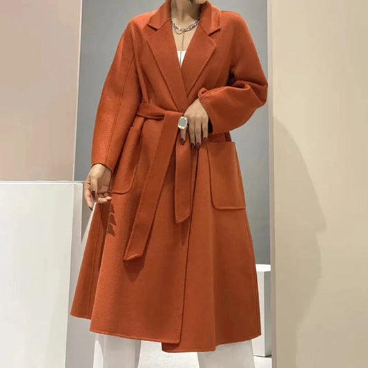 Factory Loose Belted Wool Coats Water Wave Turn Down Collar Elegant Women Cashmere Coat