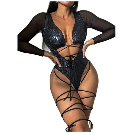 Factory Manufacture Beachwear 2024 Long Sleeve One Piece Swimsuit Black Slim Sexy Monokini Ladies Bodysuit Women Push Up Bathing