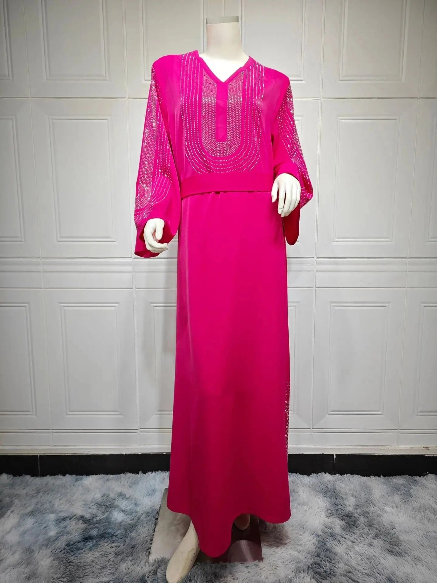 Factory Muslim Women Fashion Abaya New Kaftan Dubai Luxury Shiny Beading Belted Evening Dress Jalabia Robes