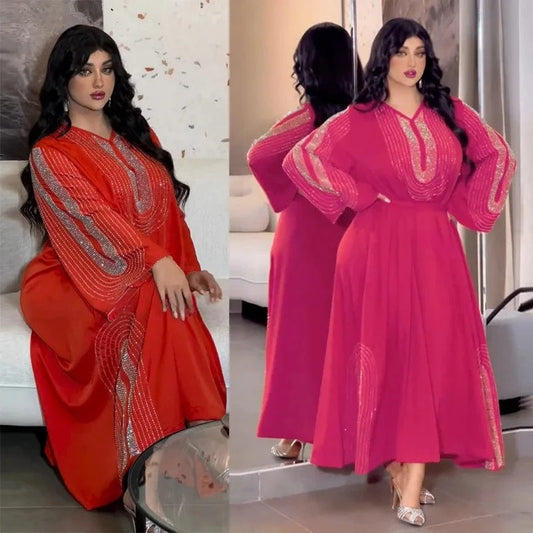 Factory Muslim Women Fashion Abaya New Kaftan Dubai Luxury Shiny Beading Belted Evening Dress Jalabia Robes