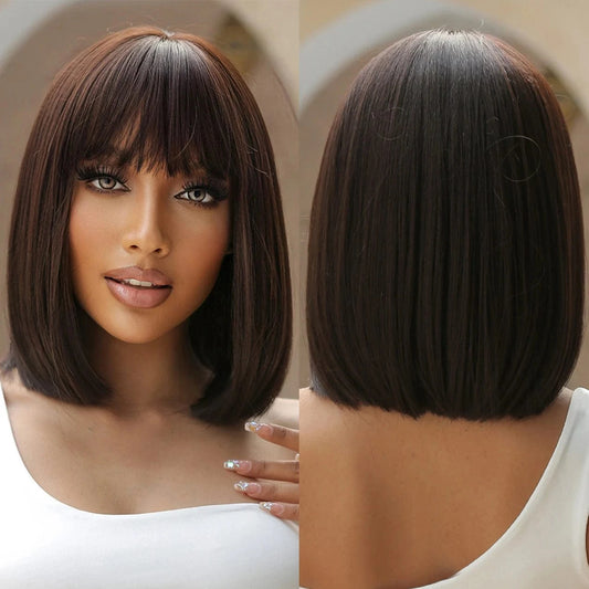 Factory Outlet Black Brown Bob Synthetic Wigs with Bangs Short Straight Daily Wig for Women Party Lolita Natural Looking Hair