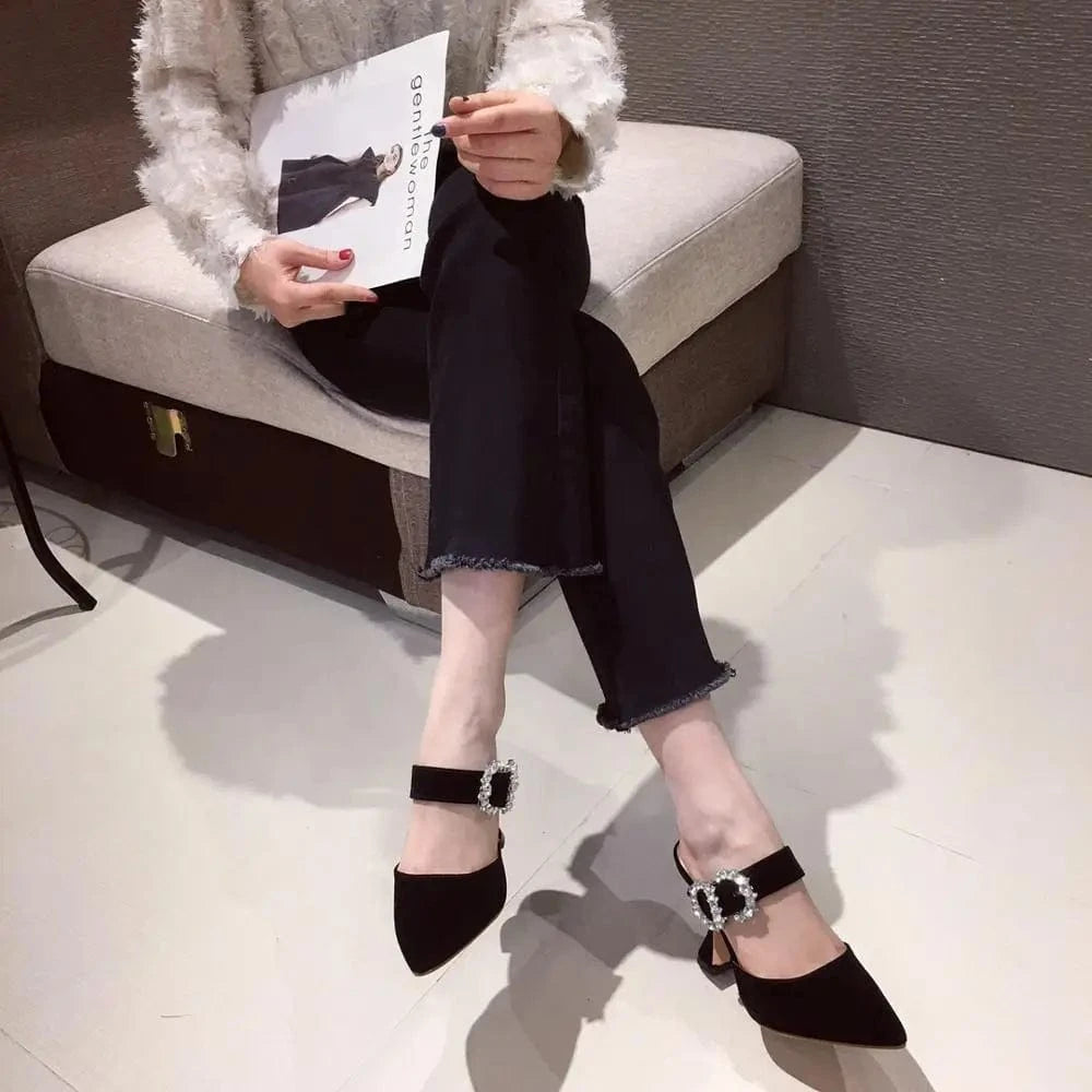 Factory supplier cheap women diamond buckled slippers mules pointed  Toe sexy Ladies shoes high heel sandals
