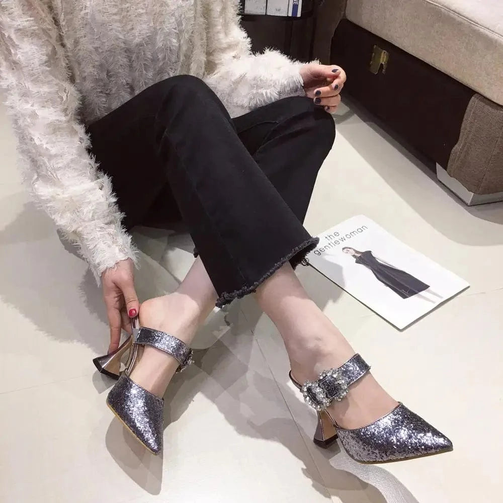 Factory supplier cheap women diamond buckled slippers mules pointed  Toe sexy Ladies shoes high heel sandals