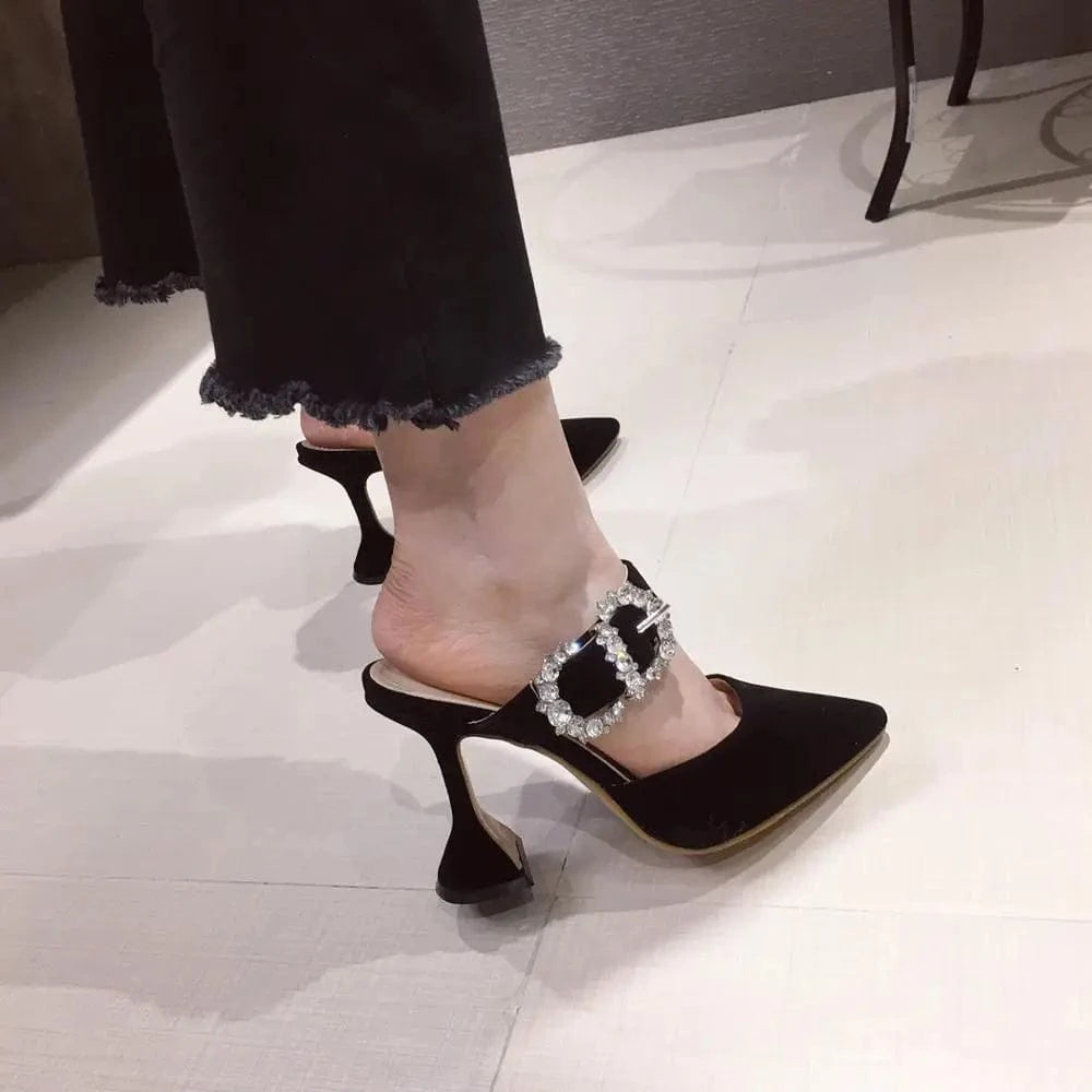 Factory supplier cheap women diamond buckled slippers mules pointed  Toe sexy Ladies shoes high heel sandals