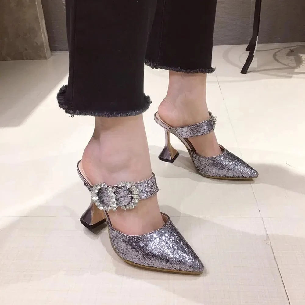 Factory supplier cheap women diamond buckled slippers mules pointed  Toe sexy Ladies shoes high heel sandals