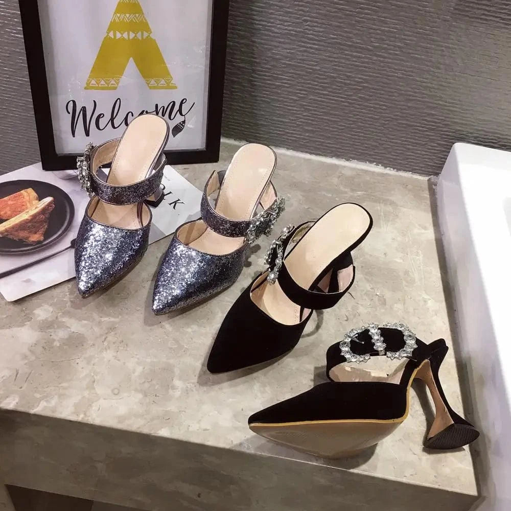 Factory supplier cheap women diamond buckled slippers mules pointed  Toe sexy Ladies shoes high heel sandals