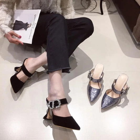 Factory supplier cheap women diamond buckled slippers mules pointed  Toe sexy Ladies shoes high heel sandals