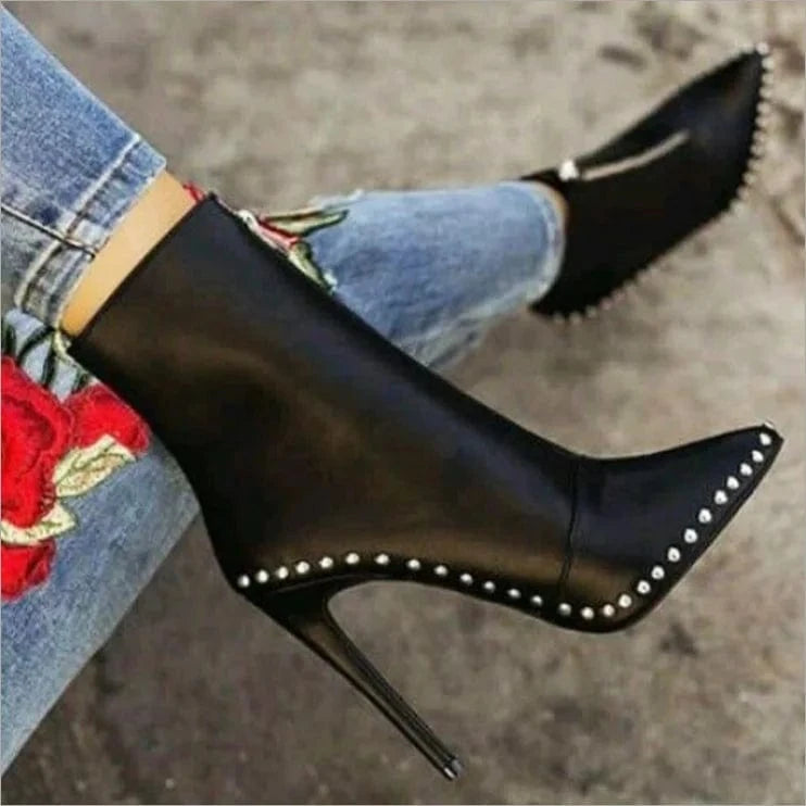 Factory supplier cheap women pointed toe rivet stiletto ankle boots Zipper high Heel Sexy Short Booties winter shoes