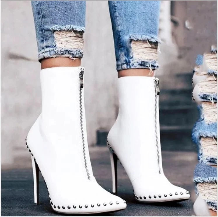 Factory supplier cheap women pointed toe rivet stiletto ankle boots Zipper high Heel Sexy Short Booties winter shoes