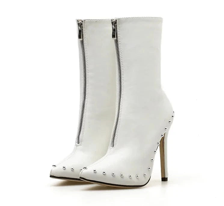 Factory supplier cheap women pointed toe rivet stiletto ankle boots Zipper high Heel Sexy Short Booties winter shoes