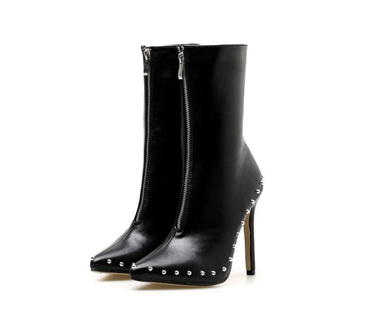 Factory supplier cheap women pointed toe rivet stiletto ankle boots Zipper high Heel Sexy Short Booties winter shoes