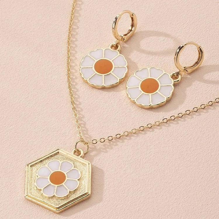 Factory wholesale womens enamel flower design gold necklace earrings necklace jewelry set for woman