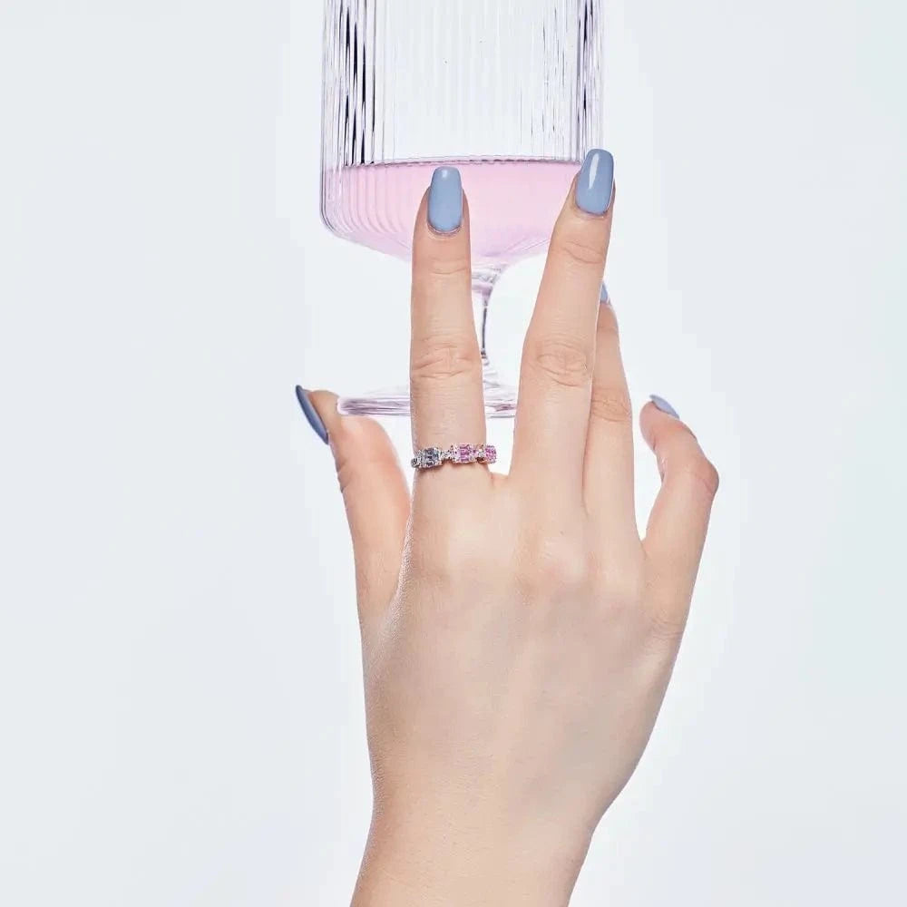 Fade Free Square Shape 925 Sterling Silver Ring Eternity Band Rainbow Pink Diamond Wedding Cz Cubic Zirconia Rings Jewelry Women