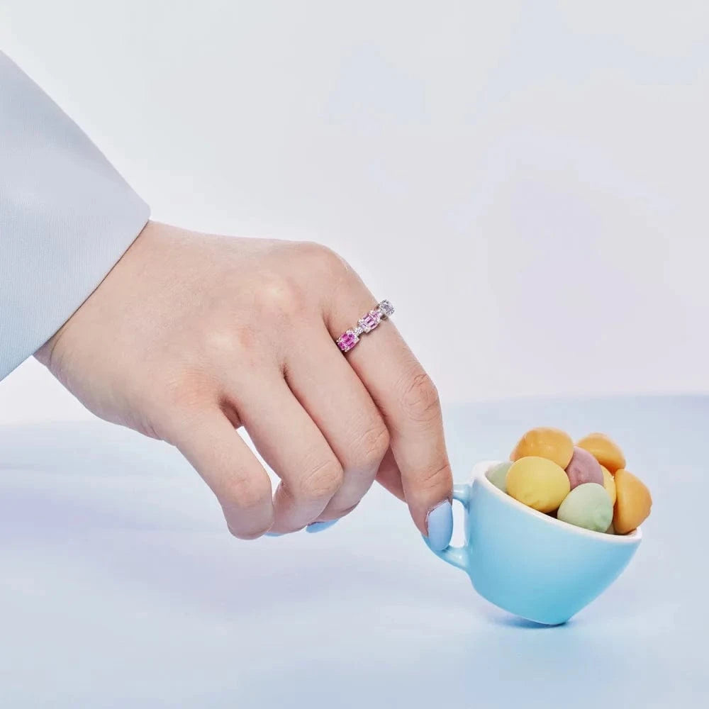 Fade Free Square Shape 925 Sterling Silver Ring Eternity Band Rainbow Pink Diamond Wedding Cz Cubic Zirconia Rings Jewelry Women