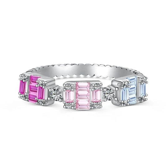 Fade Free Square Shape 925 Sterling Silver Ring Eternity Band Rainbow Pink Diamond Wedding Cz Cubic Zirconia Rings Jewelry Women