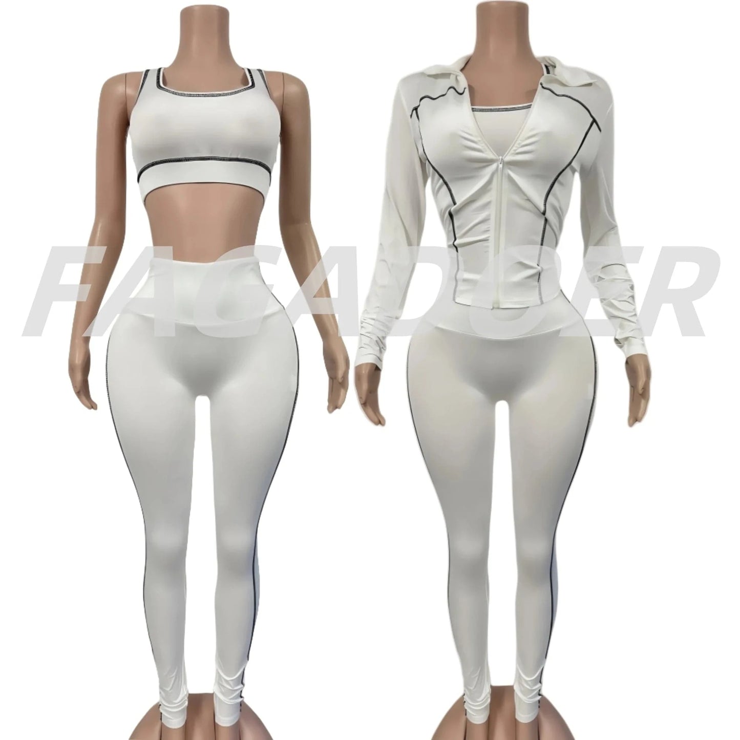 FAGADOER Autumn New Fashion Sports 3 Piece Sets Woman Outfit Stripe Patchwork Long Sleeve Zipper Tops + Pants Female Streetwear