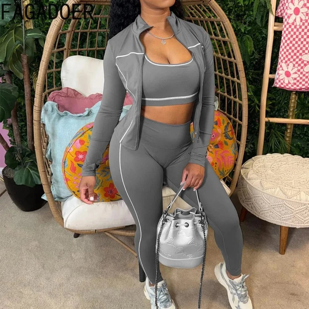 FAGADOER Autumn New Fashion Sports 3 Piece Sets Woman Outfit Stripe Patchwork Long Sleeve Zipper Tops + Pants Female Streetwear