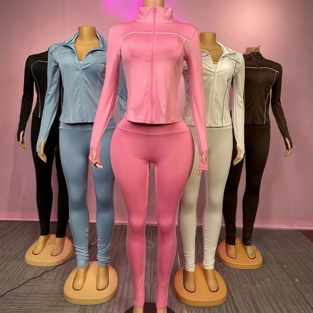 FAGADOER Autumn New Fashion Sports 3 Piece Sets Woman Outfit Stripe Patchwork Long Sleeve Zipper Tops + Pants Female Streetwear