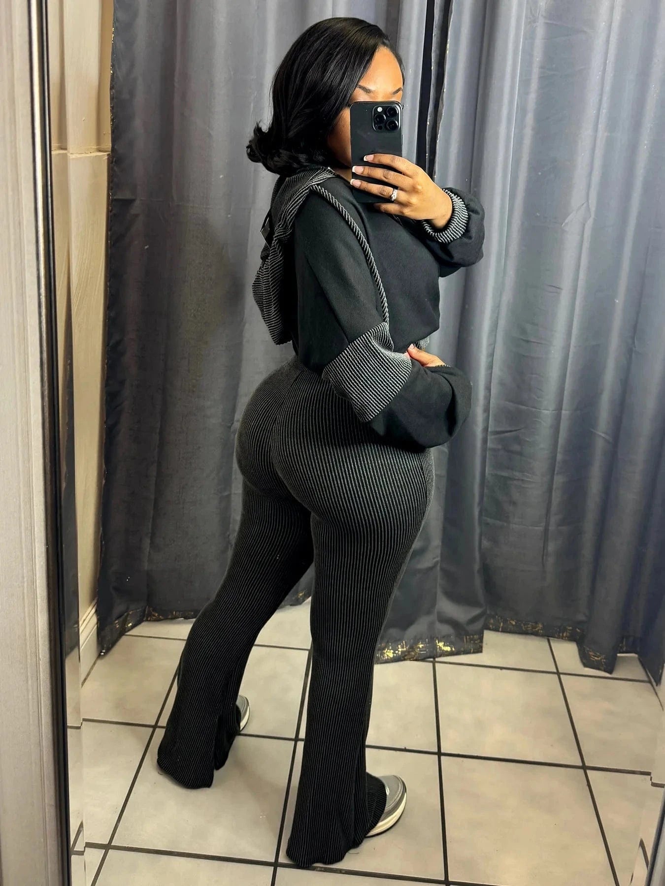 FAGADOER Casual Ribbed 2 Piece Sets Woman Outfit Long Sleeve Hooded Patchwork Sweatshirts Tops and Flare Pants Jogger Tracksuit