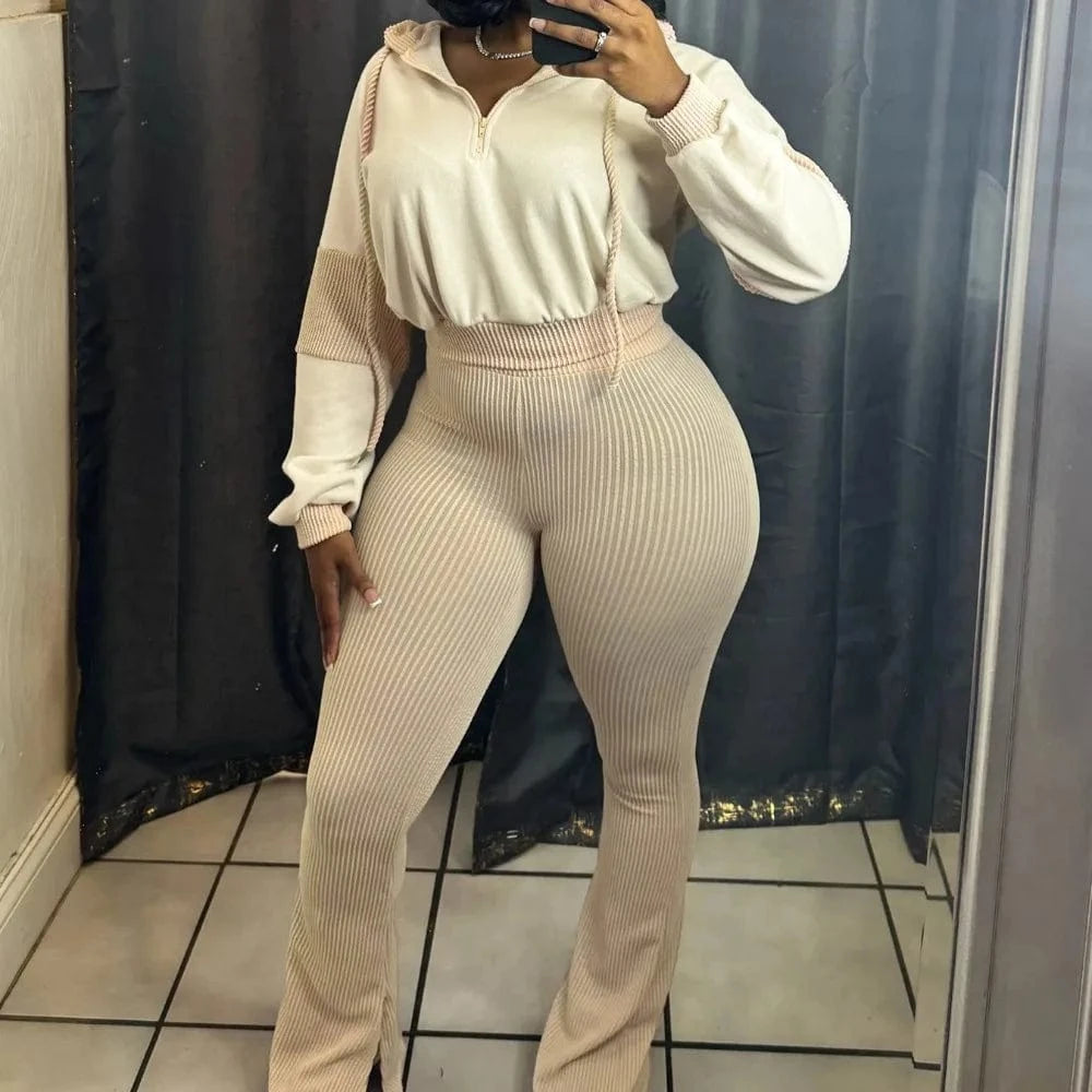 FAGADOER Casual Ribbed 2 Piece Sets Woman Outfit Long Sleeve Hooded Patchwork Sweatshirts Tops and Flare Pants Jogger Tracksuit