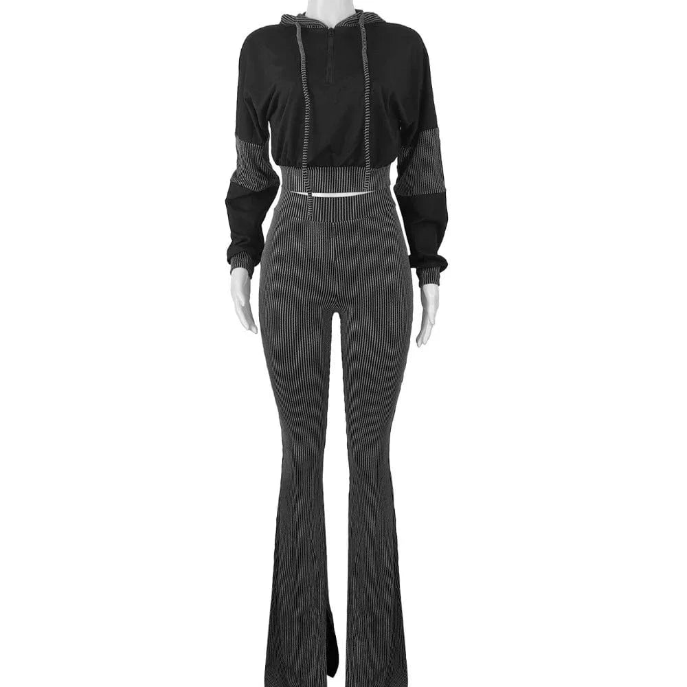 FAGADOER Casual Ribbed 2 Piece Sets Woman Outfit Long Sleeve Hooded Patchwork Sweatshirts Tops and Flare Pants Jogger Tracksuit