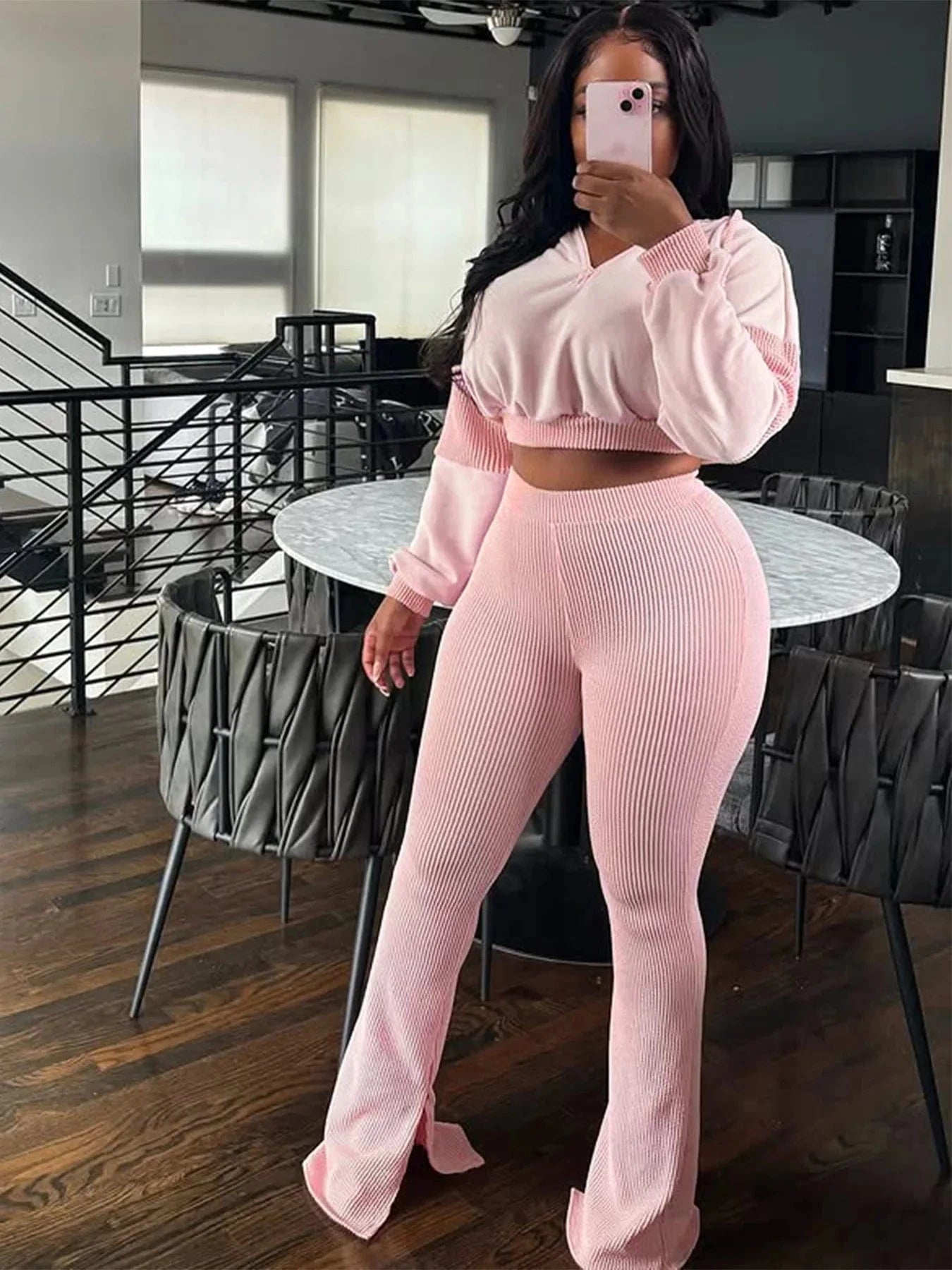 FAGADOER Casual Ribbed 2 Piece Sets Woman Outfit Long Sleeve Hooded Patchwork Sweatshirts Tops and Flare Pants Jogger Tracksuit