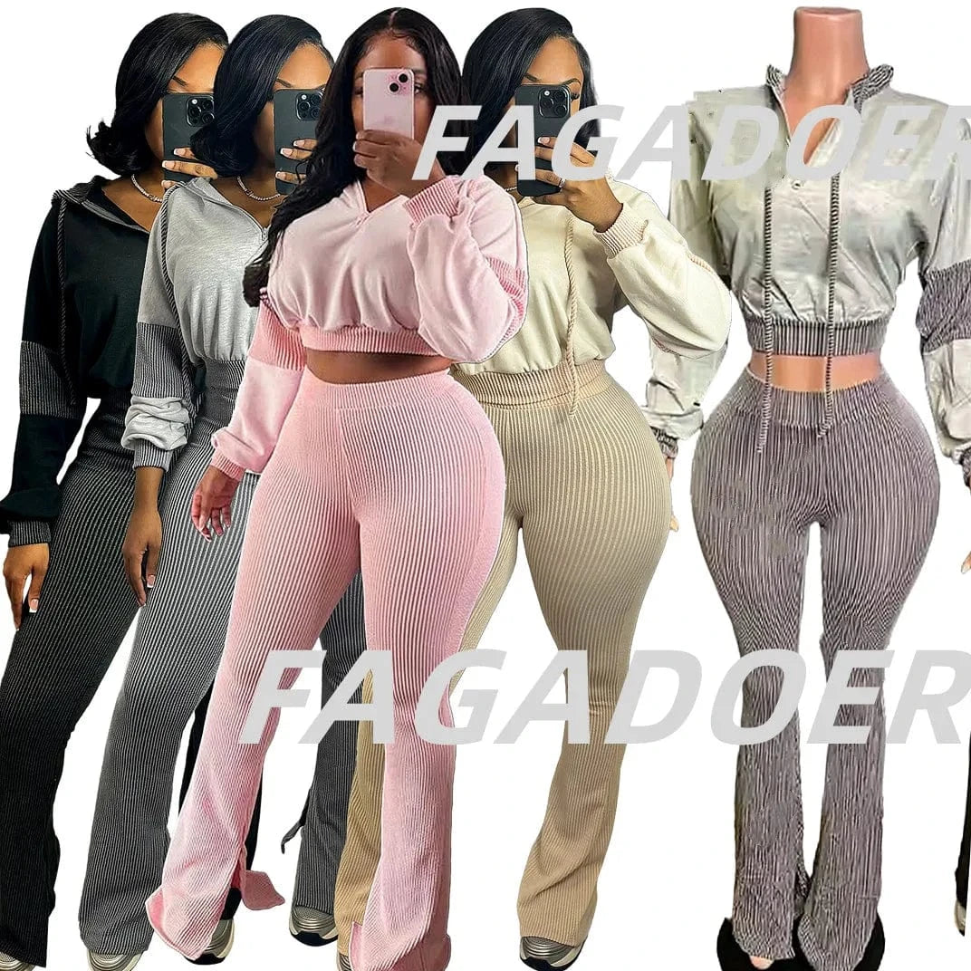FAGADOER Casual Ribbed 2 Piece Sets Woman Outfit Long Sleeve Hooded Patchwork Sweatshirts Tops and Flare Pants Jogger Tracksuit
