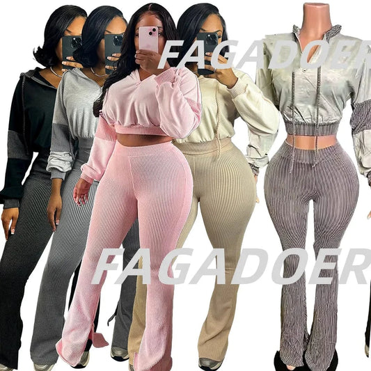 FAGADOER Casual Ribbed 2 Piece Sets Woman Outfit Long Sleeve Hooded Patchwork Sweatshirts Tops and Flare Pants Jogger Tracksuit