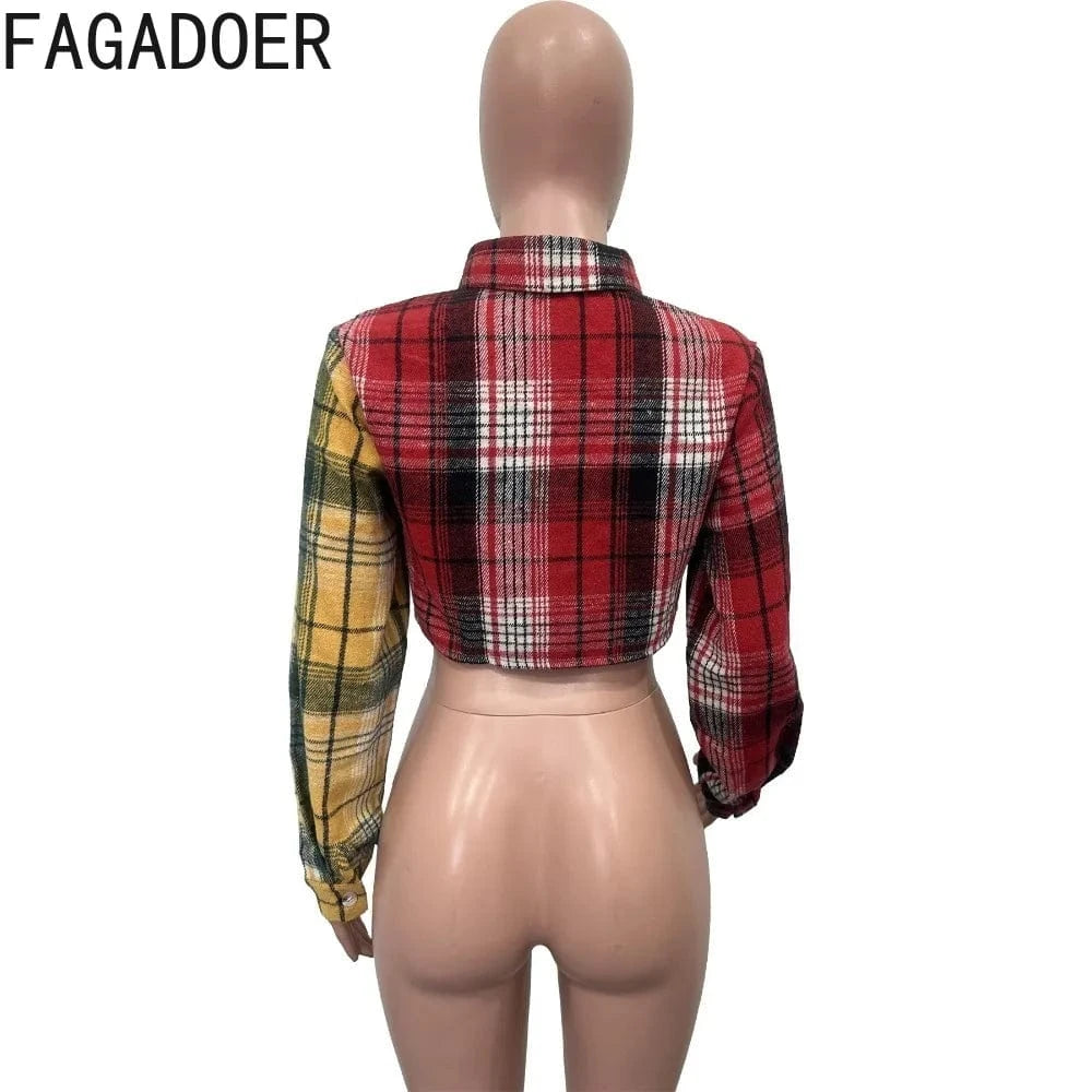 FAGADOER Fashion Plaid Print Slim Crop Coats Women Turndown Collar Button Long Sleeve Slim Tops Casual Female Pocket OL Clothing