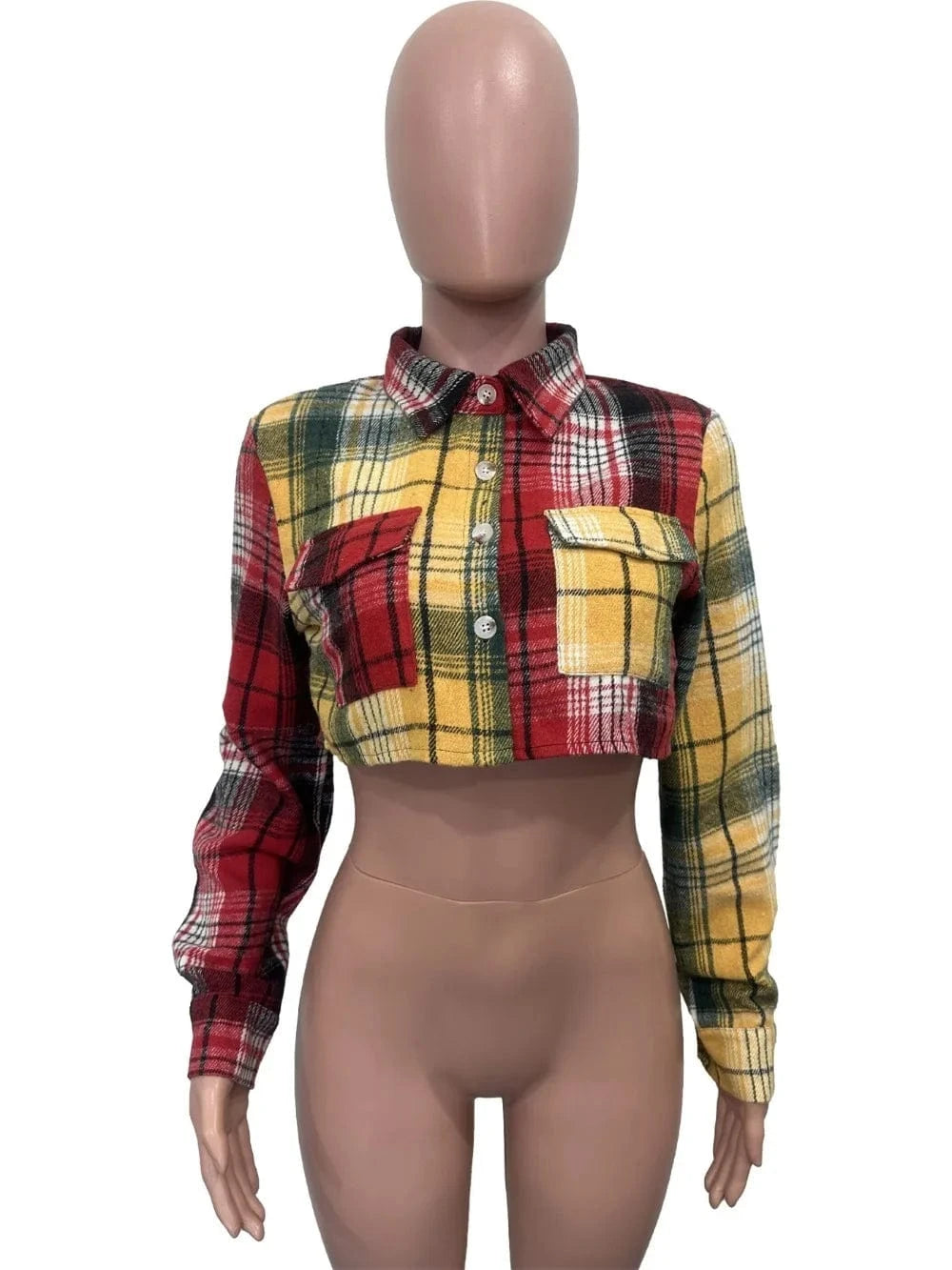 FAGADOER Fashion Plaid Print Slim Crop Coats Women Turndown Collar Button Long Sleeve Slim Tops Casual Female Pocket OL Clothing