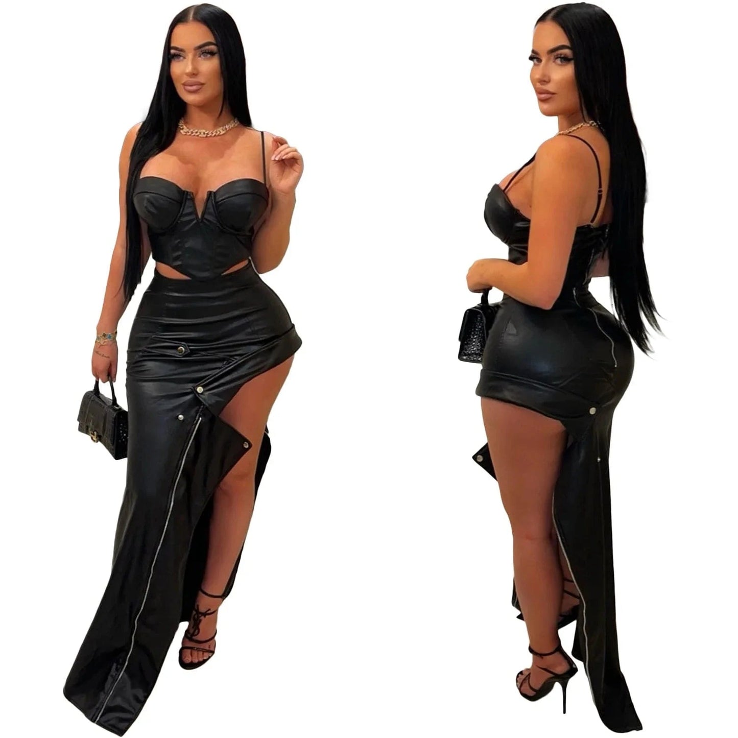 FAGADOER Punk Sexy Leather Bodycon Long Skirt Women Black Irregular Zipper Patchwork Dresses Female Streetwear Vestido 2025 New