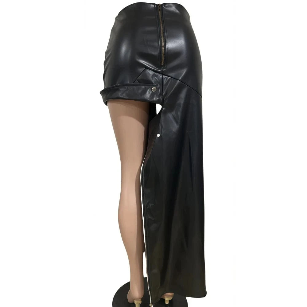 FAGADOER Punk Sexy Leather Bodycon Long Skirt Women Black Irregular Zipper Patchwork Dresses Female Streetwear Vestido 2025 New