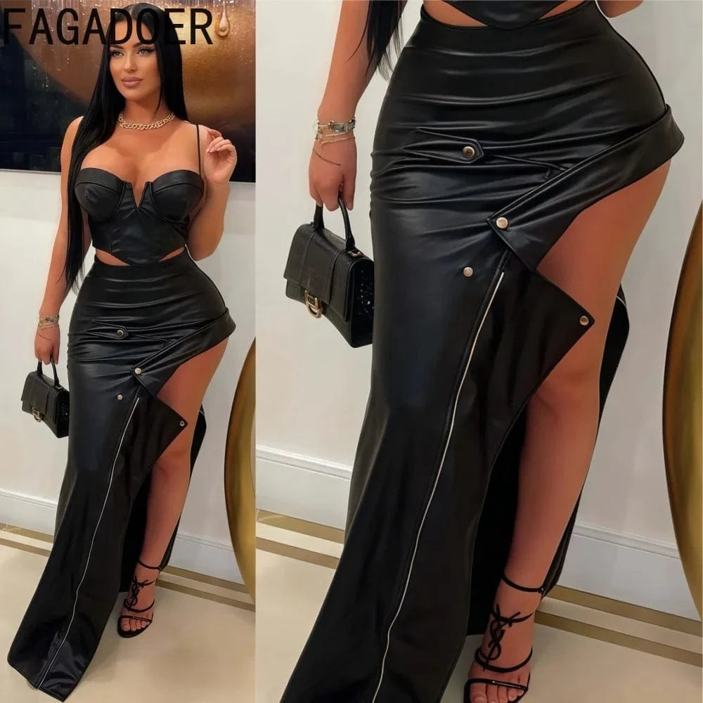 FAGADOER Punk Sexy Leather Bodycon Long Skirt Women Black Irregular Zipper Patchwork Dresses Female Streetwear Vestido 2025 New