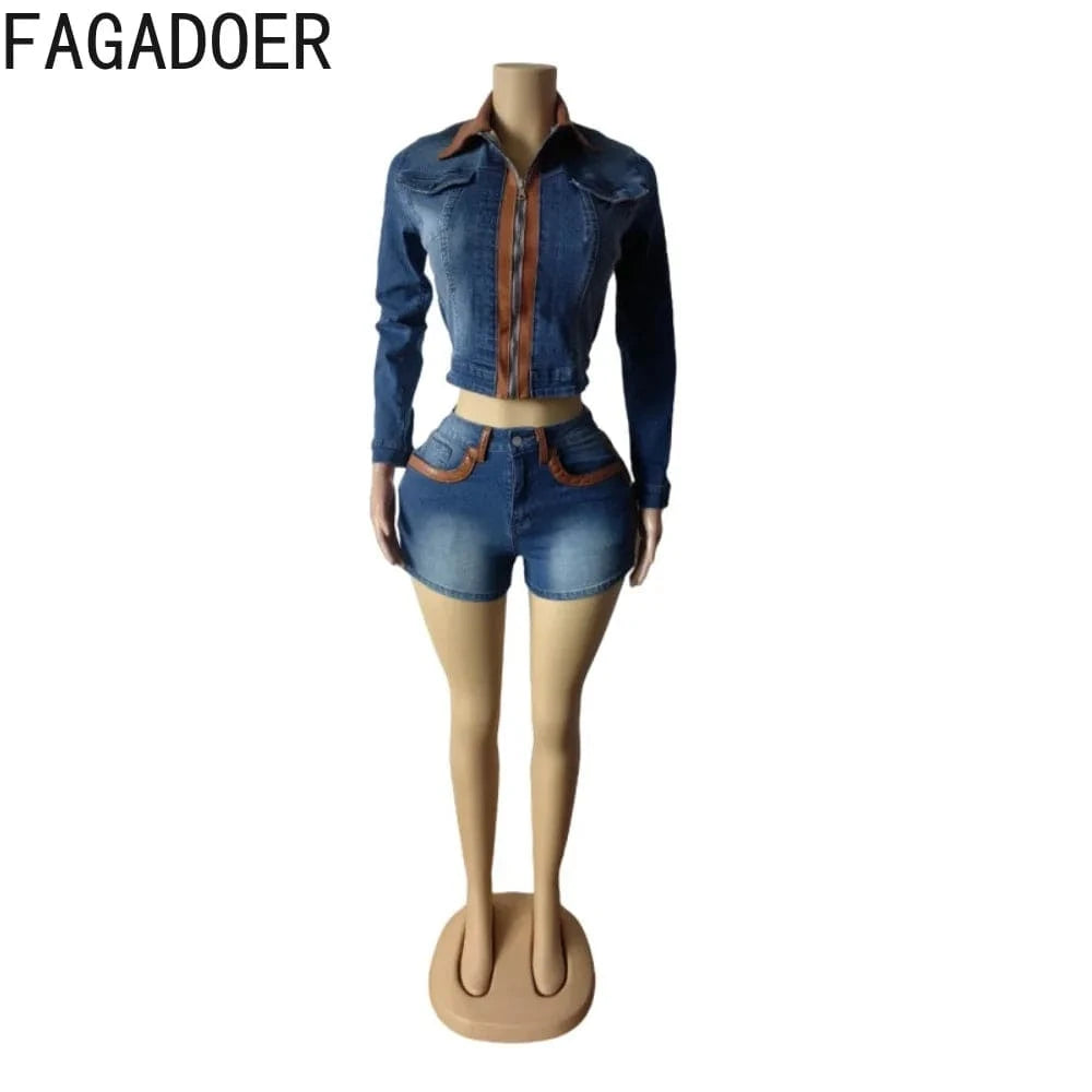FAGADOER Retro Sexy Woman 2 Piece Set Outfit Long Sleeves Color Block Zipper Crop Jackets and Shorts Female Streetwear Clothing