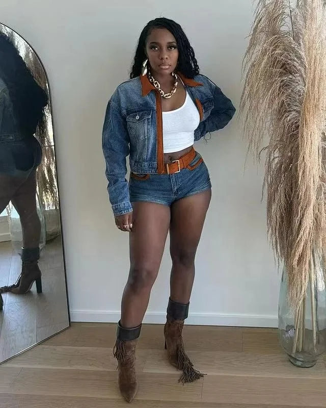 FAGADOER Retro Sexy Woman 2 Piece Set Outfit Long Sleeves Color Block Zipper Crop Jackets and Shorts Female Streetwear Clothing