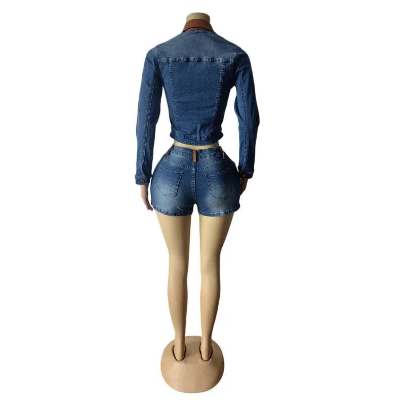 FAGADOER Retro Sexy Woman 2 Piece Set Outfit Long Sleeves Color Block Zipper Crop Jackets and Shorts Female Streetwear Clothing