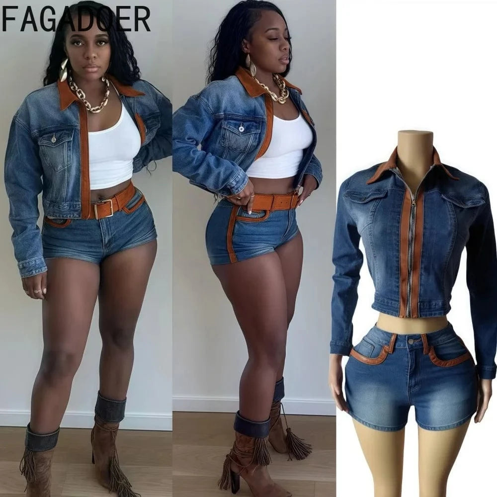 FAGADOER Retro Sexy Woman 2 Piece Set Outfit Long Sleeves Color Block Zipper Crop Jackets and Shorts Female Streetwear Clothing