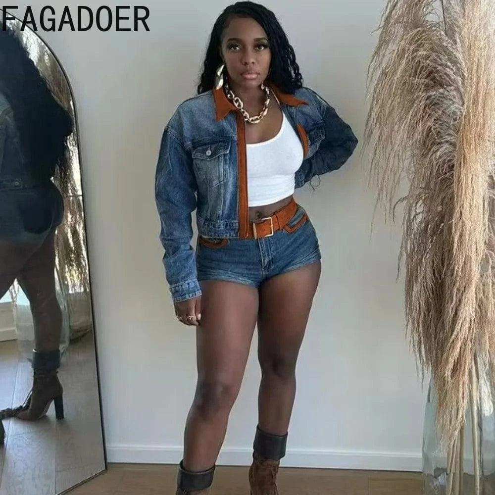 FAGADOER Retro Sexy Woman 2 Piece Set Outfit Long Sleeves Color Block Zipper Crop Jackets and Shorts Female Streetwear Clothing