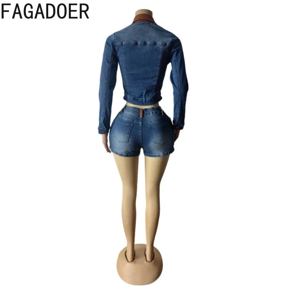 FAGADOER Retro Sexy Woman 2 Piece Set Outfit Long Sleeves Color Block Zipper Crop Jackets and Shorts Female Streetwear Clothing