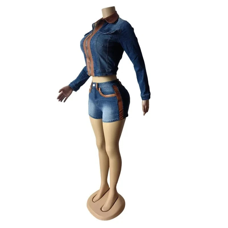 FAGADOER Retro Sexy Woman 2 Piece Set Outfit Long Sleeves Color Block Zipper Crop Jackets and Shorts Female Streetwear Clothing