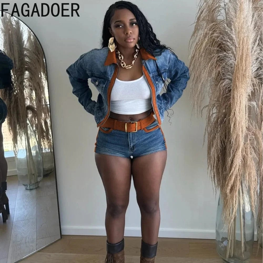 FAGADOER Retro Sexy Woman 2 Piece Set Outfit Long Sleeves Color Block Zipper Crop Jackets and Shorts Female Streetwear Clothing