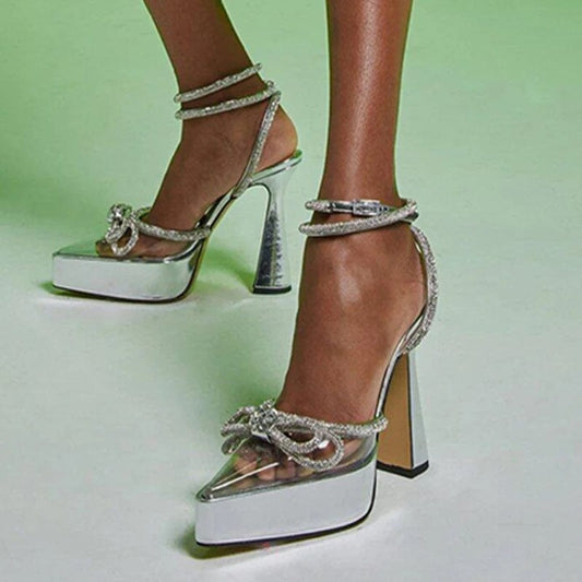 Fairy shoes 2022 new transparent pointed toe rhinestone bow decoration thick heel sandals